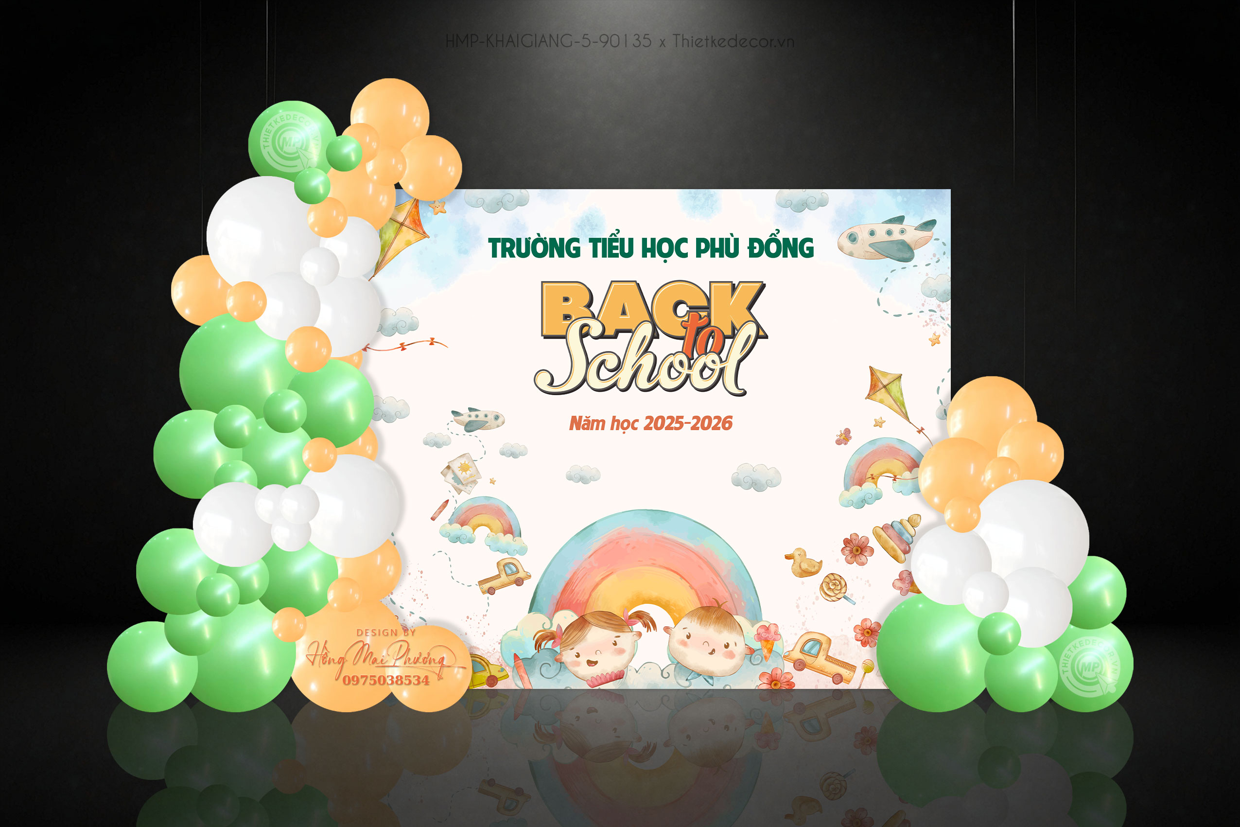 Backdrop khai giảng cho bé mầm non và tiểu học tone vàng cam, xanh lá